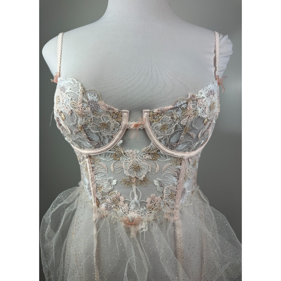 NWT For Love & Lemons Mae Teddy W/ Garters Babydoll Lingerie Pink Shimmer Med M - Picture 4 of 16